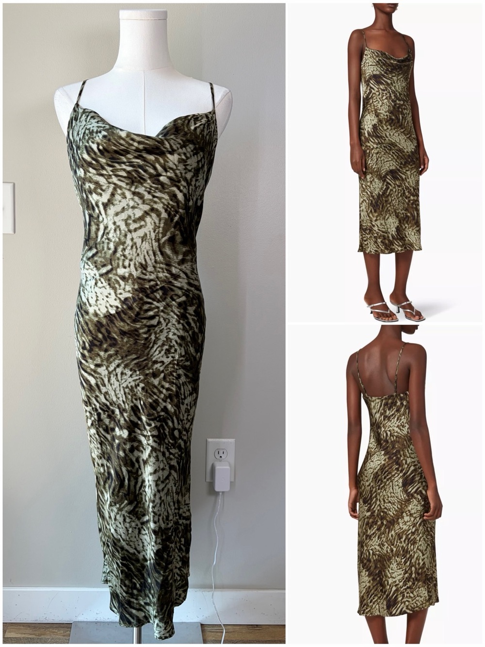 Good American Jungle Print Midi Cowl Neck Slip Dress Evening Party Elegant